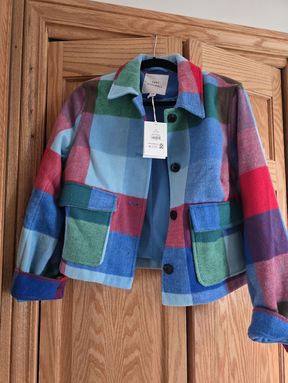 Free Assembly Cropped Chore Colorblock Plaid Cropped Jacket - Blue, Red, Green